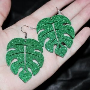 Large green glitter tropical Monstera Leaf Earrings